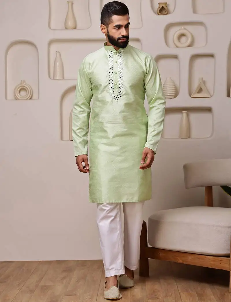 Men green jacquard with embroidered silk blend kurta with mirror embellishment