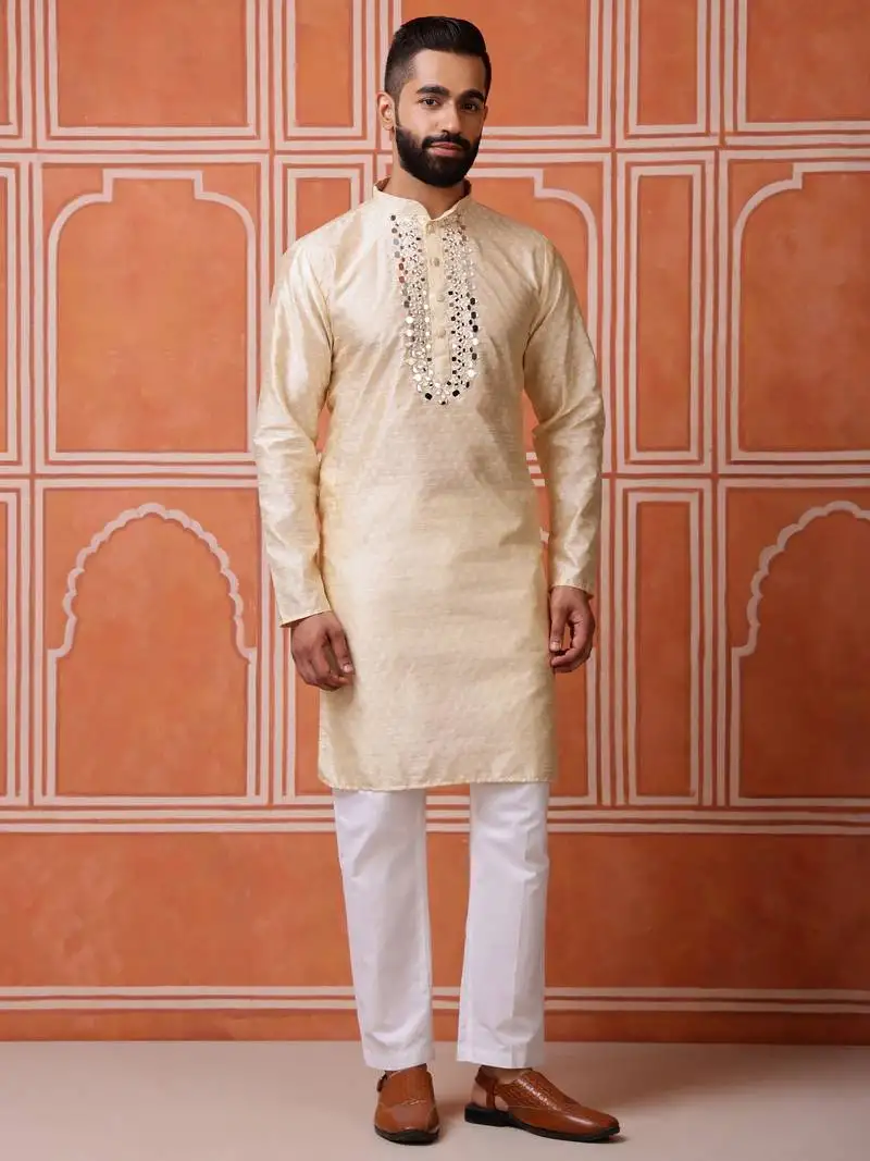 Men biege jacquard with embroidered silk blend kurta with mirror embellishment