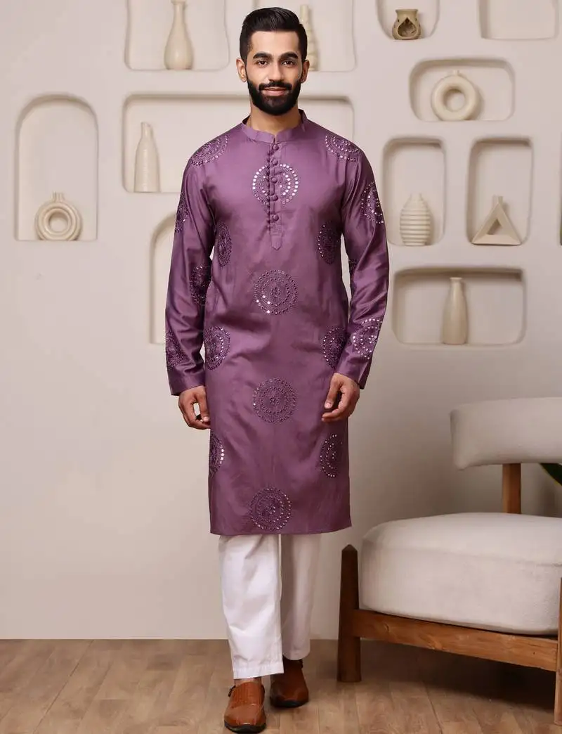 Men wine embroidered viscose blend kurta with thread and mirror