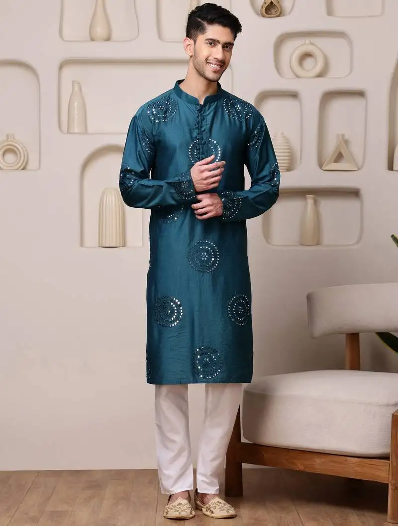 Men blue embroidered viscose blend kurta with thread and mirror