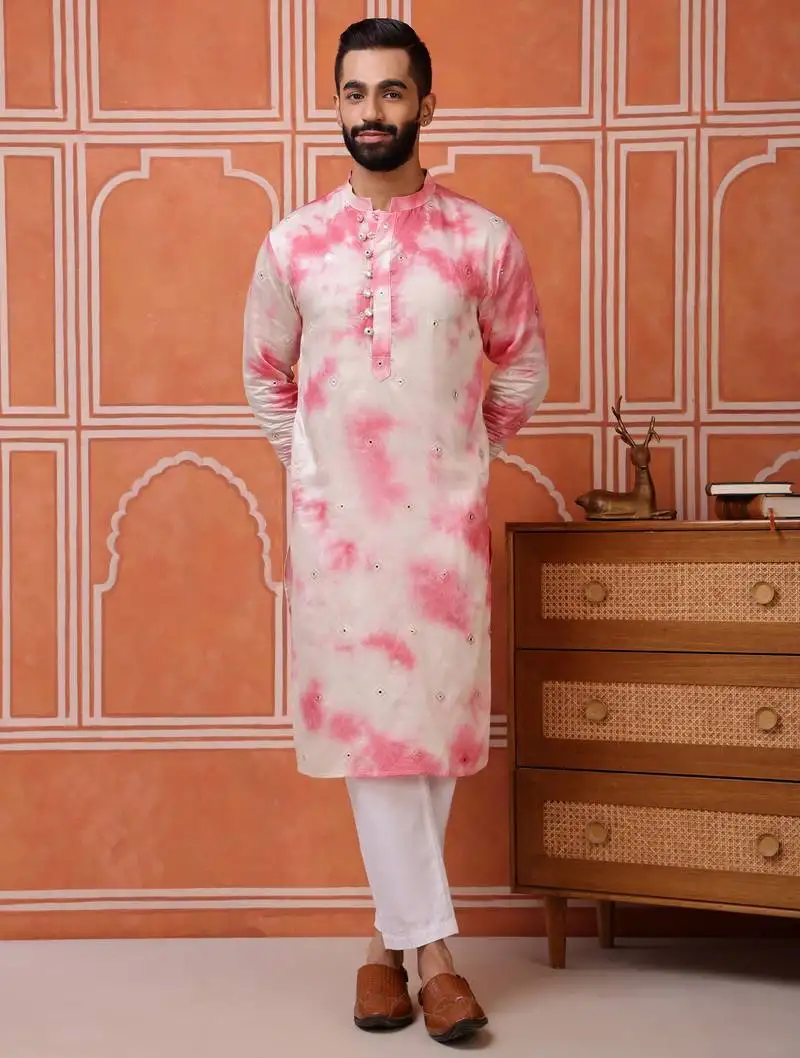 Men pink embroidered viscose blend tie-dye kurta with mirror buti