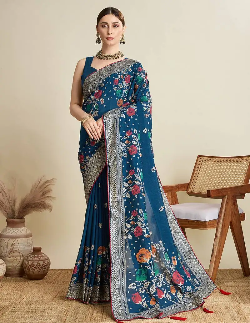 Navy blue woven cotton saree with blouse