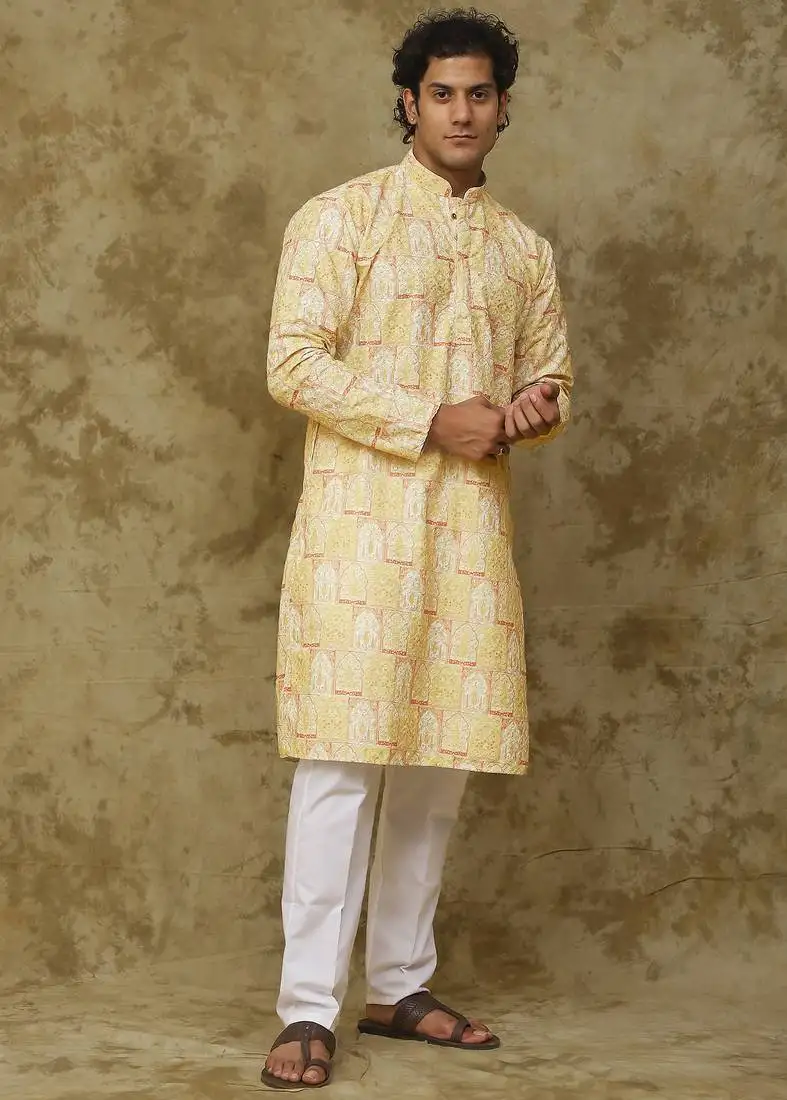 Yellow mango khidki butta embroidered kurta set for men
