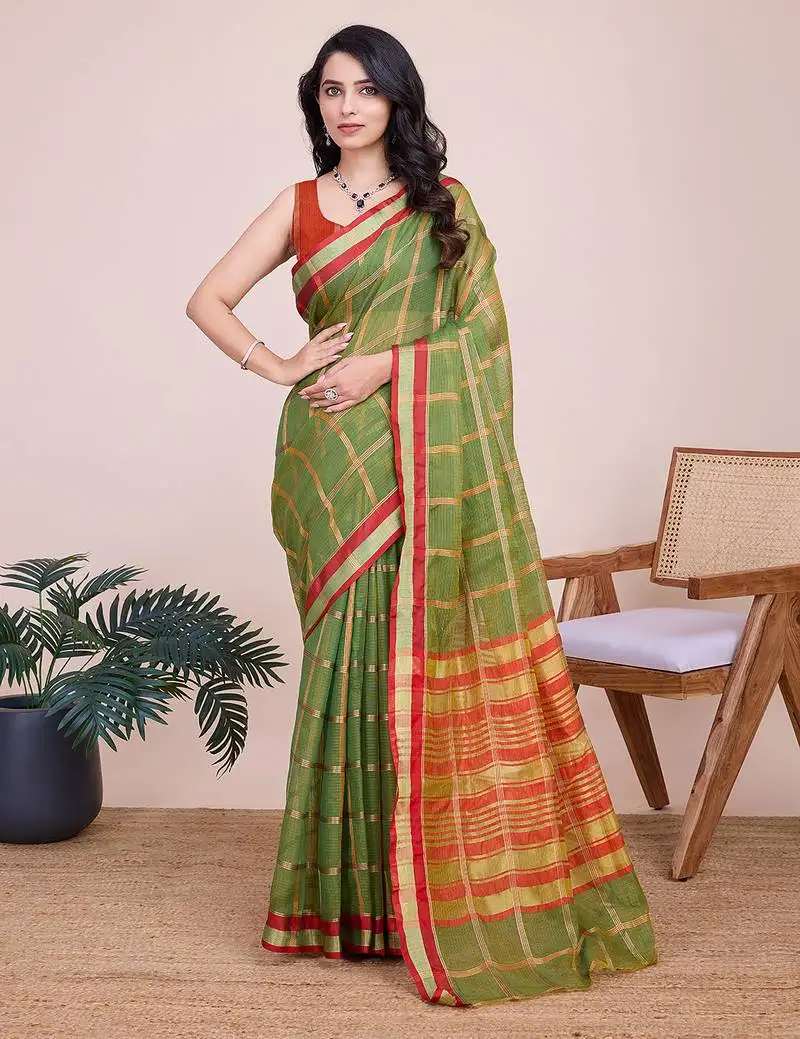 Green woven cotton saree with blouse