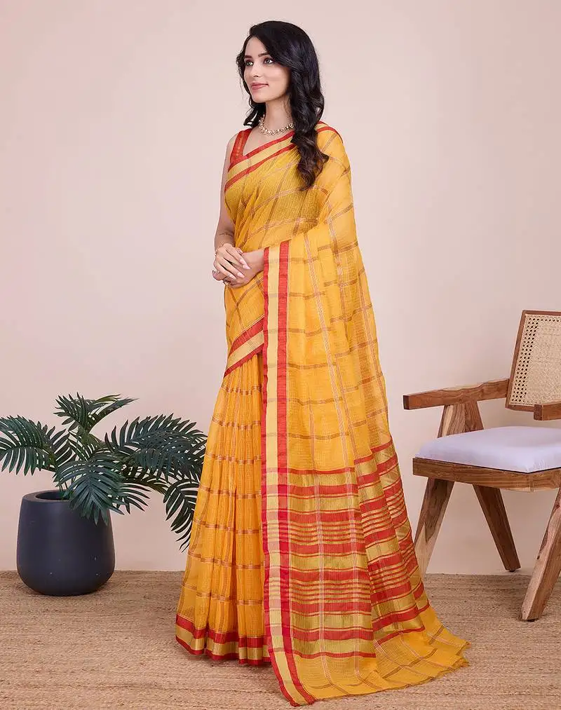 Mustard woven cotton saree with blouse