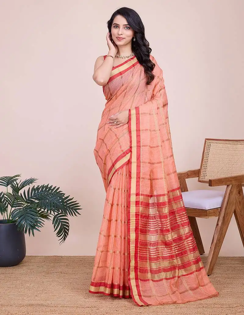 Peach woven cotton saree with blouse