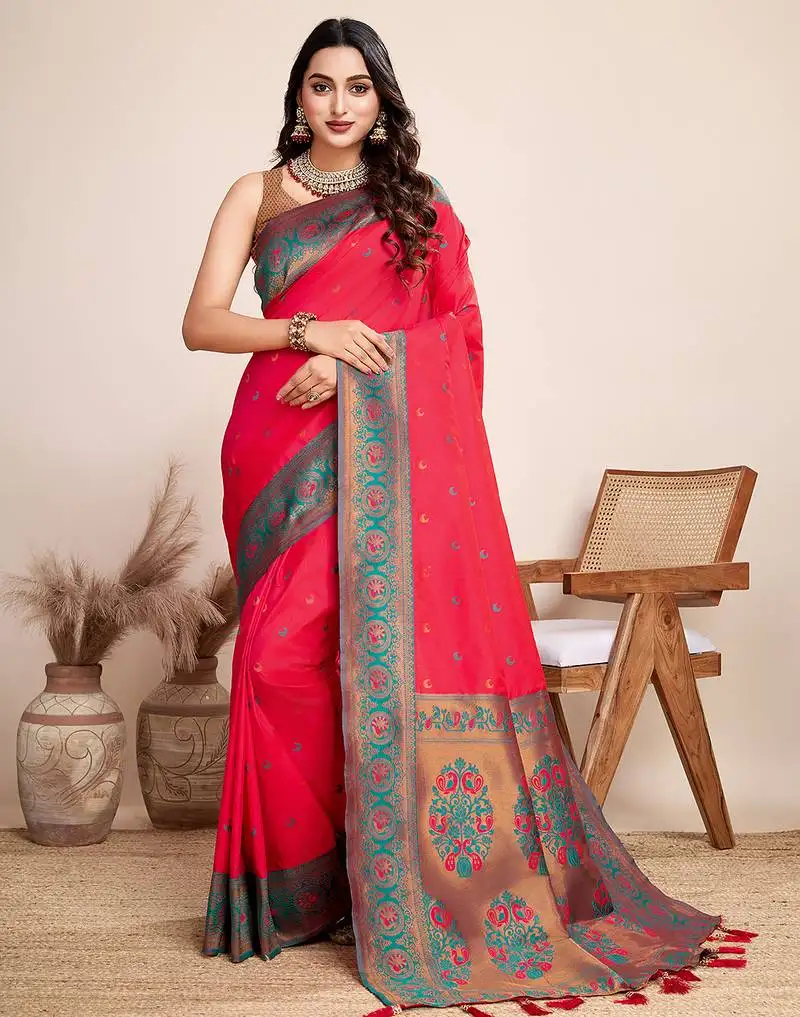 Red woven jacquard saree with blouse
