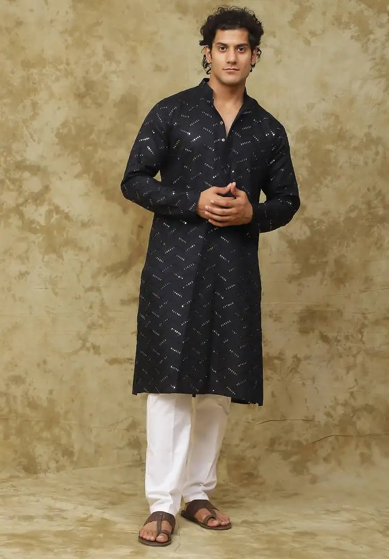 Black black zigzag sequin kurta set for men