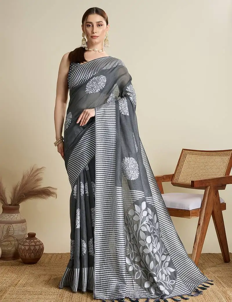 Grey weave rich pallu saree with butti blouse