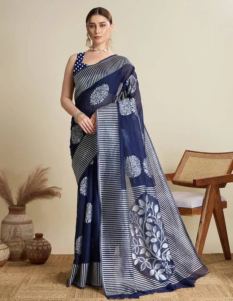 Navy blue weave rich pallu saree with butti blouse
