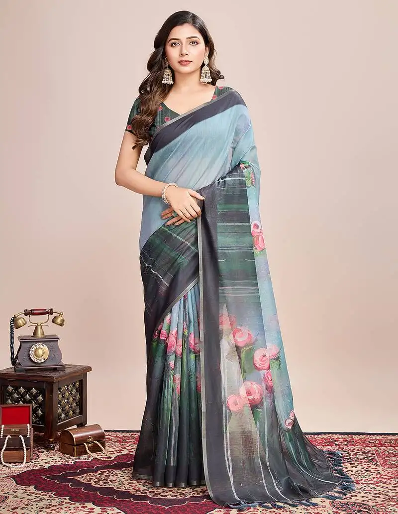 Grey woven semi linen saree with blouse
