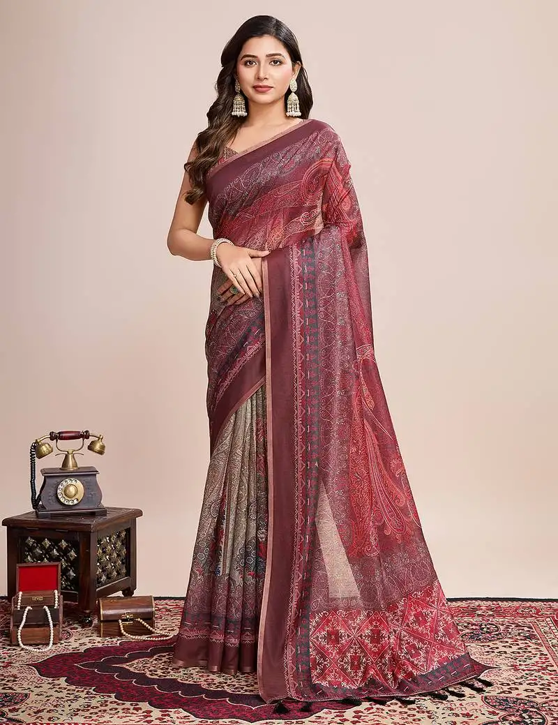 Maroon woven semi linen saree with blouse