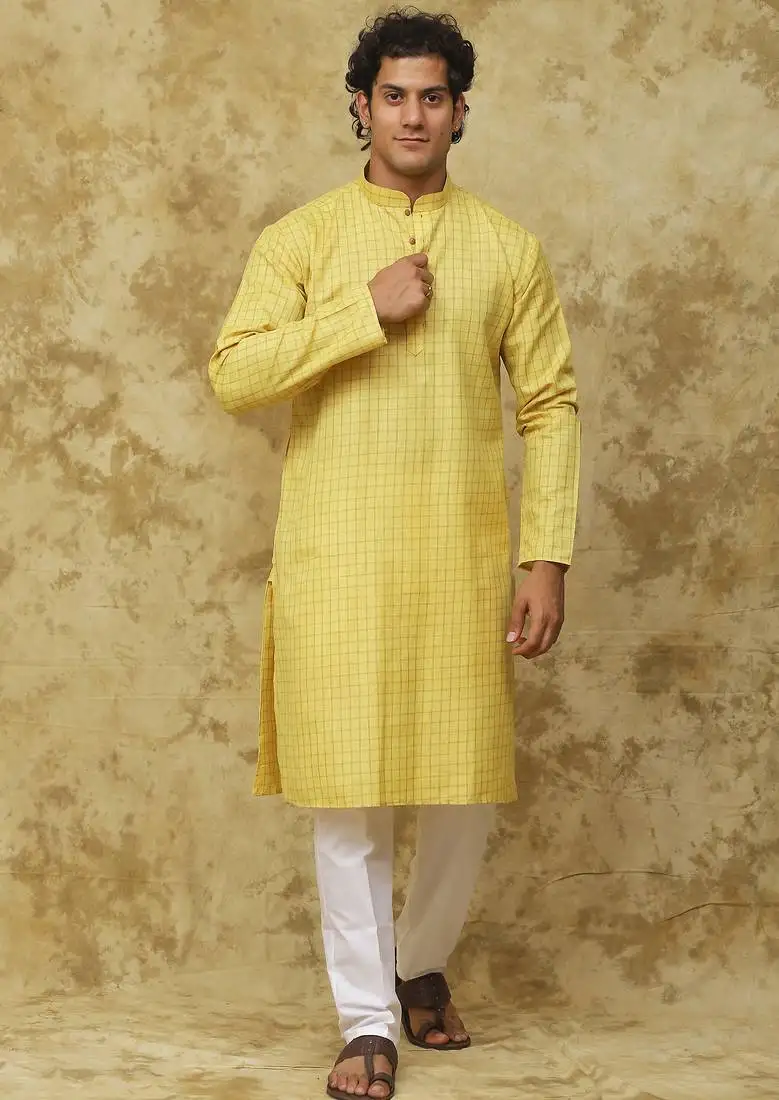 Yellow checkered cotton kurta set for men