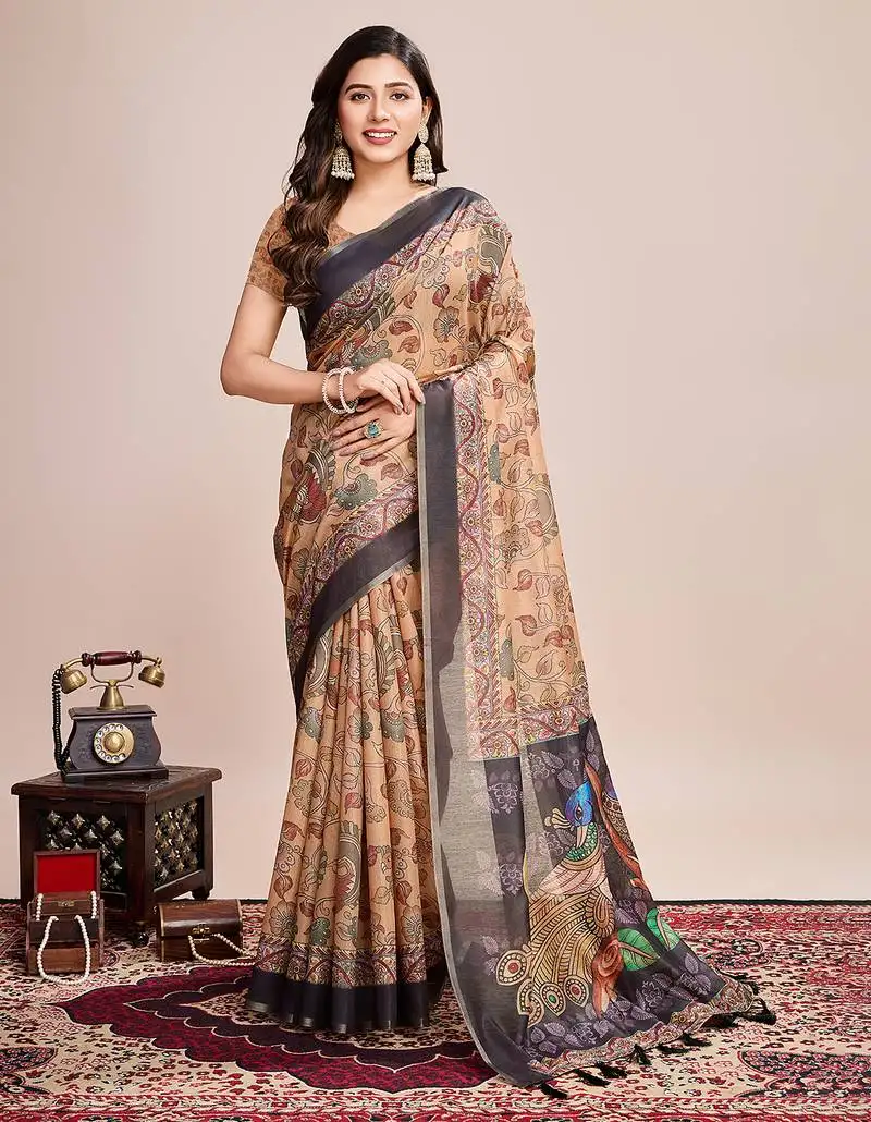 Mustard woven semi linen saree with blouse