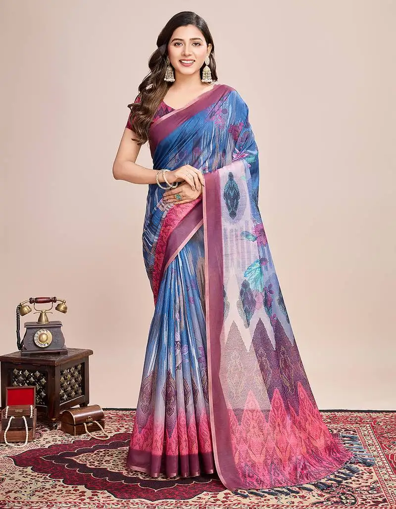 Navy blue woven semi linen saree with blouse