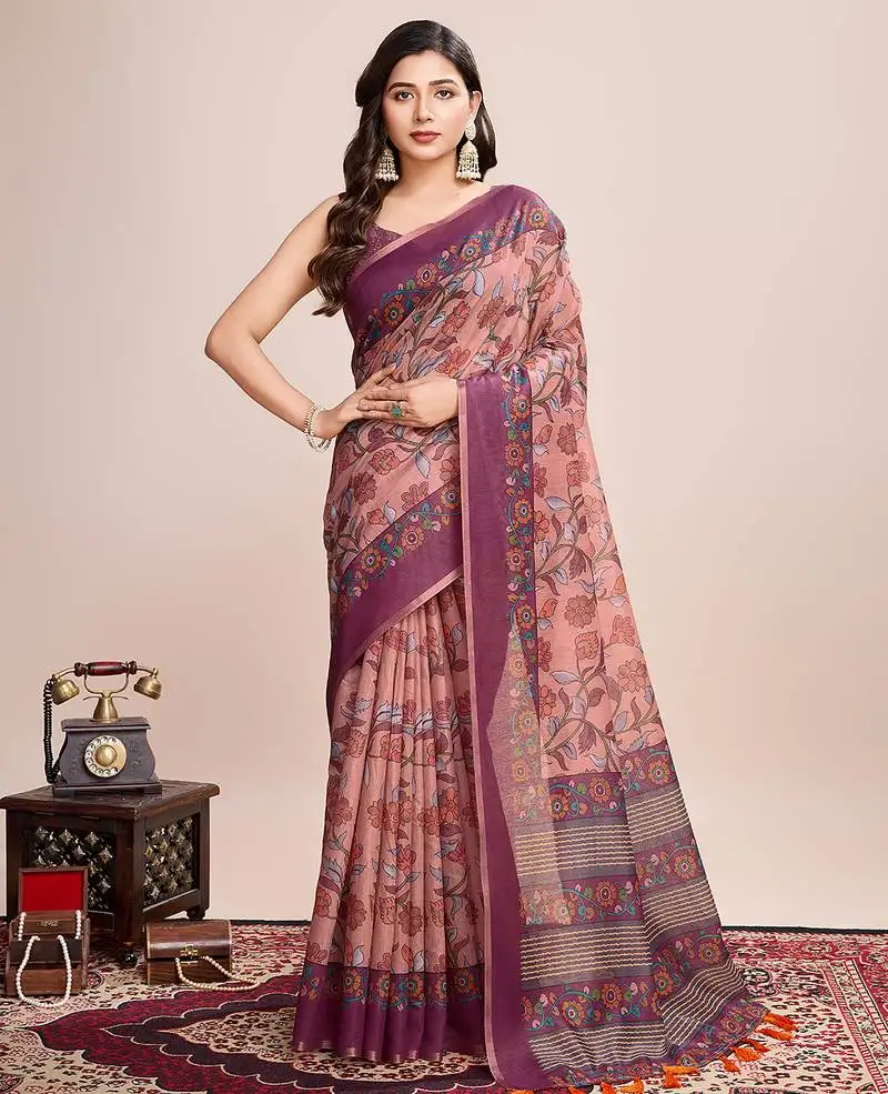 Purple woven semi linen saree with blouse