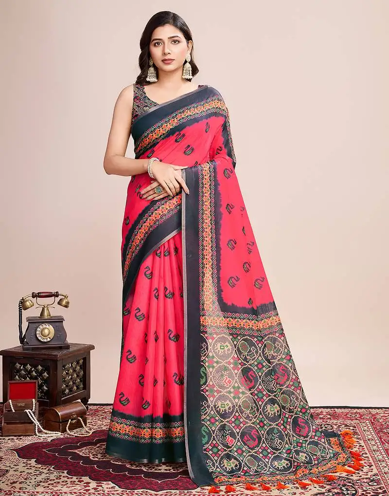 Red woven semi linen saree with blouse