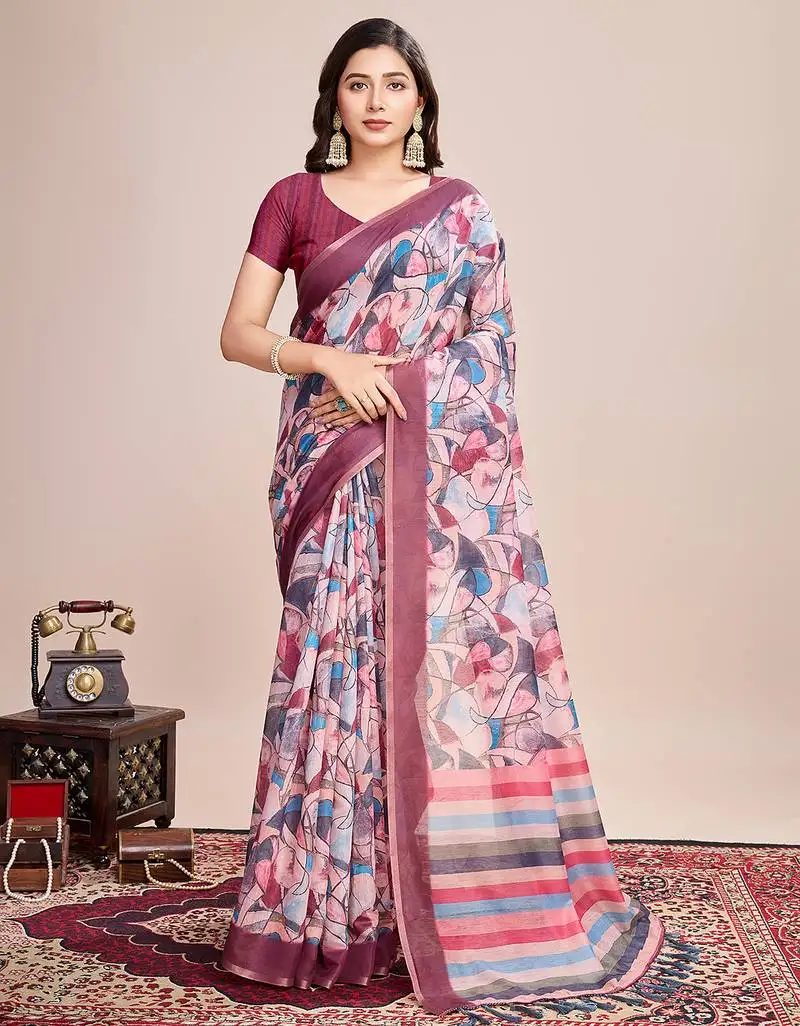 Magenta woven semi linen saree with blouse