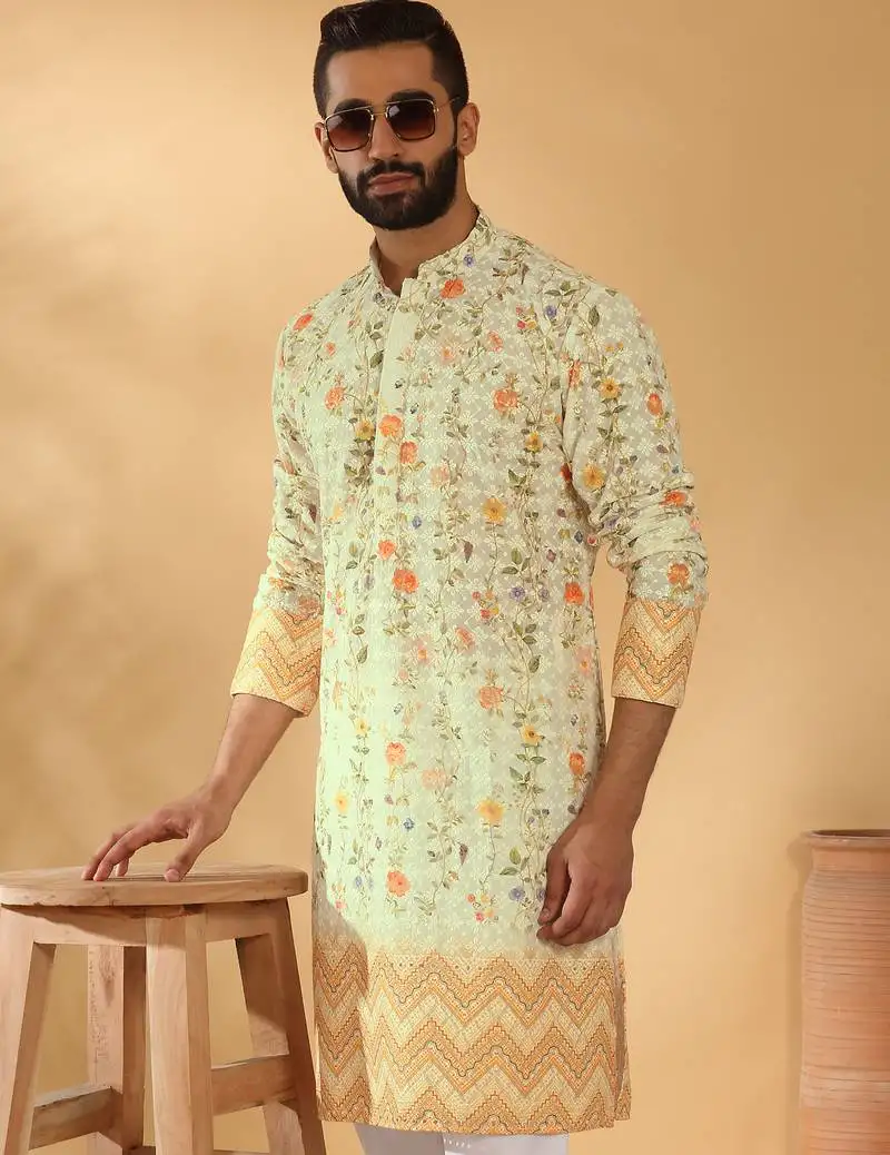 Cotton embroidered sequin chikan floral print thread work yellow beige kurta