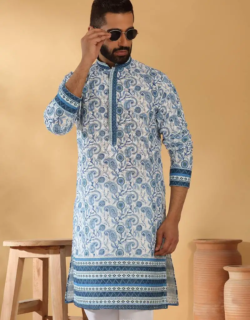 Cotton embroidered sequin chikan floral print thread work navy blue kurta