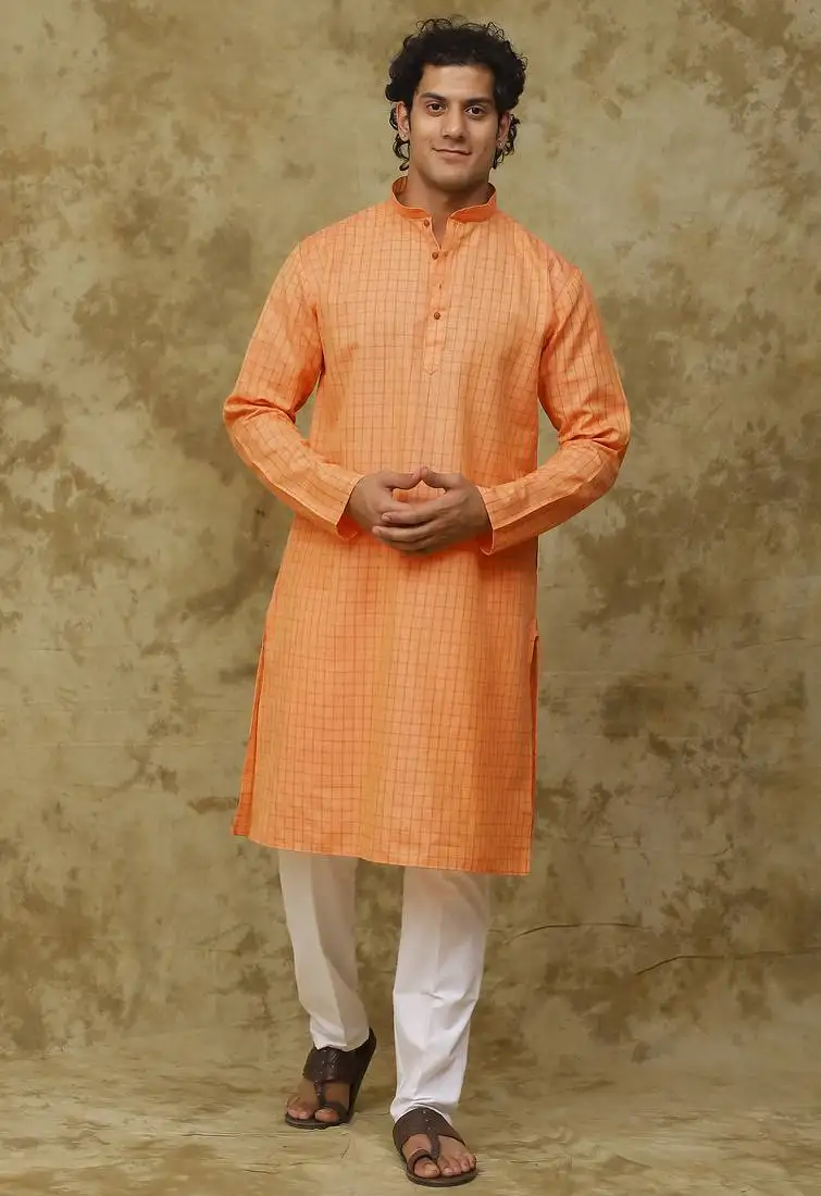 Orange checkered cotton kurta set for men