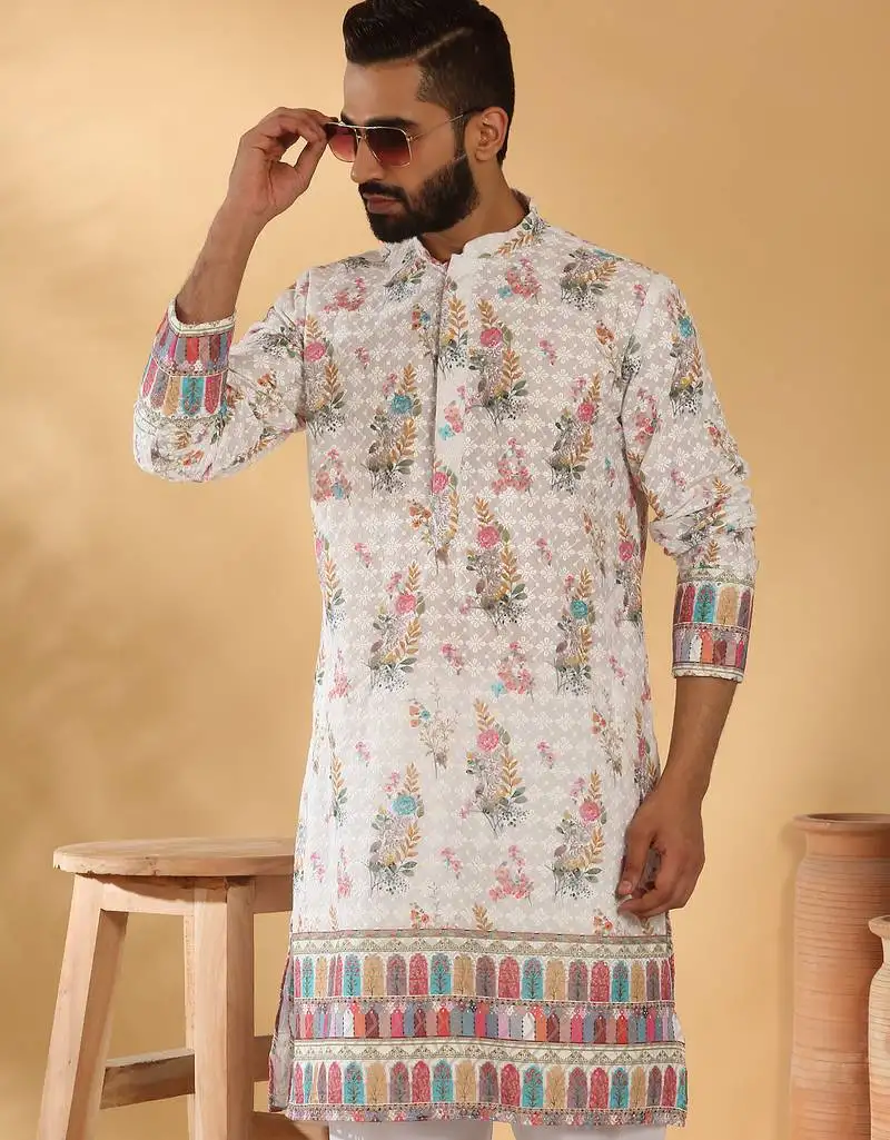 Cotton embroidered sequin chikan floral print thread work multicolor kurta