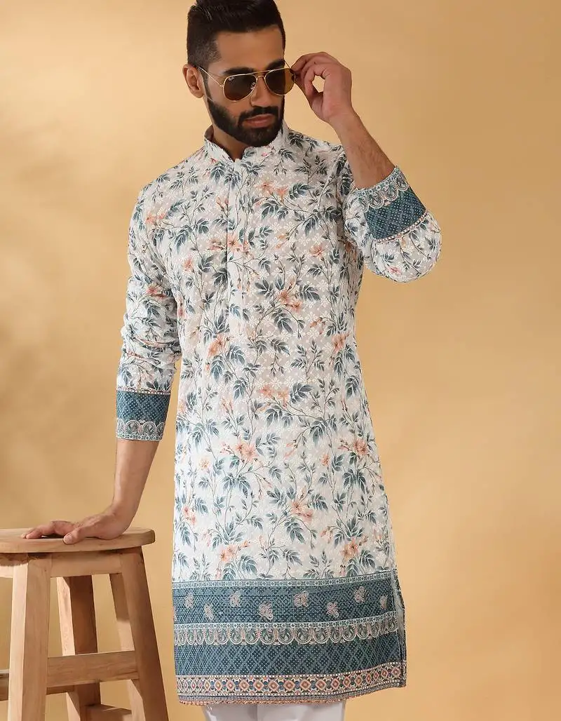 Cotton embroidered sequin chikan floral print thread work white kurta