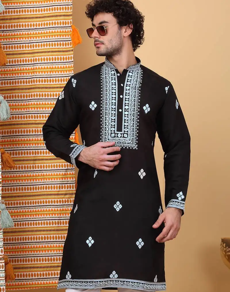 Cotton silk yoke design embroidered sequin cream kurta