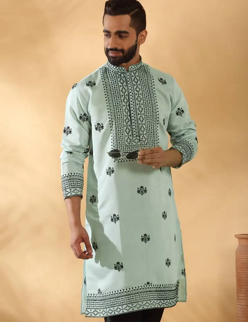 Cotton silk yoke design embroidered sequin blue kurta