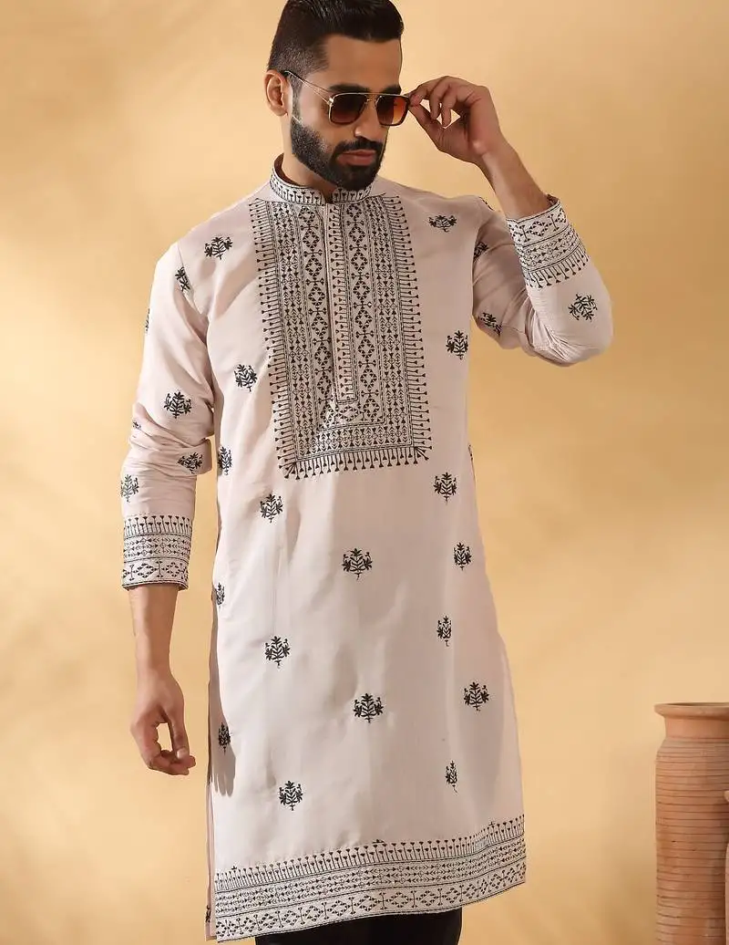 Cotton silk yoke design embroidered sequin peach kurta