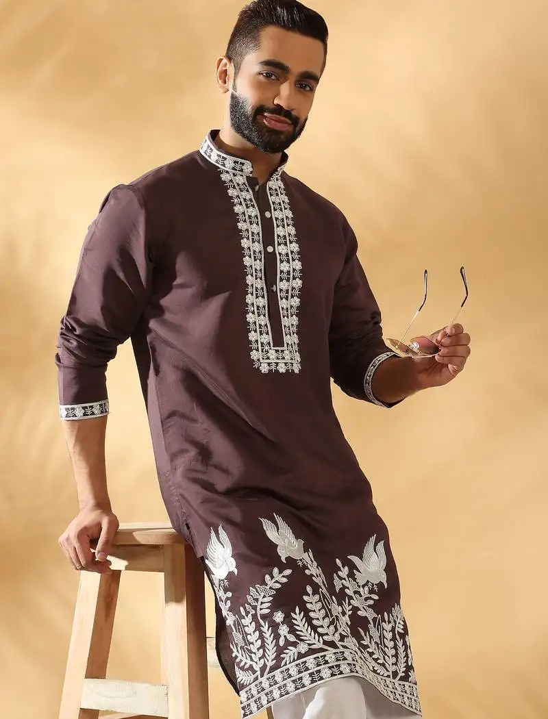 Cotton silk embroidered sequin work brown kurta