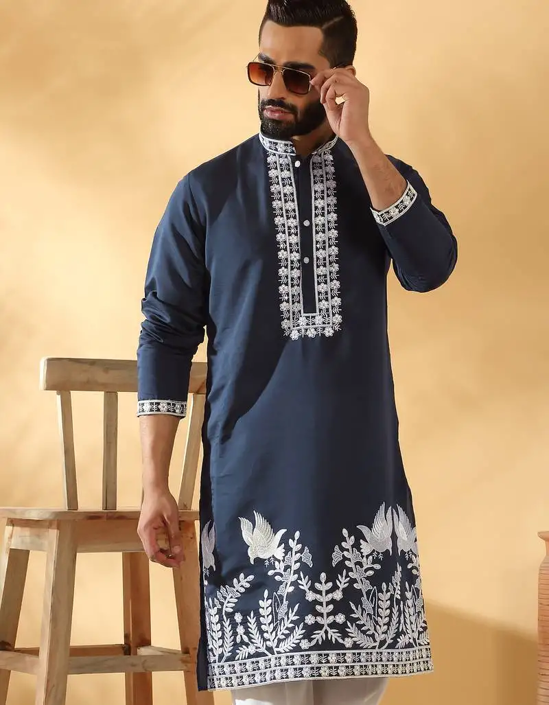 Cotton silk embroidered sequin work blue kurta