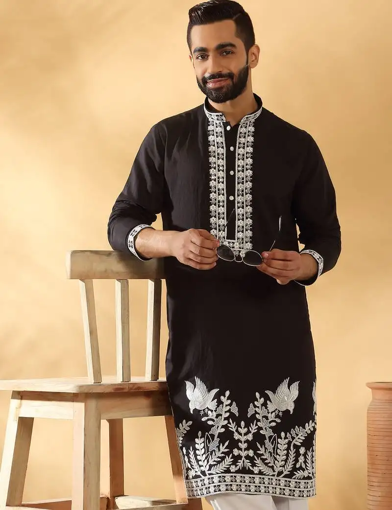 Cotton silk embroidered sequin work black kurta
