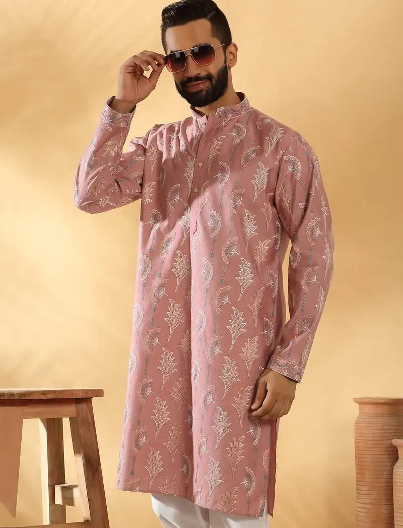 Cotton silk embroidered floral work mauve kurta