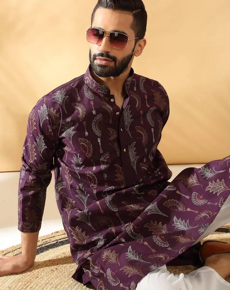 Cotton silk embroidered floral work wine kurta