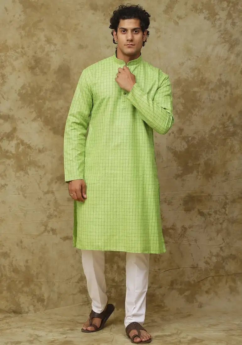 Green checkered cotton kurta set for men