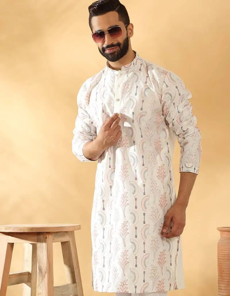 Cotton silk embroidered floral work cream kurta