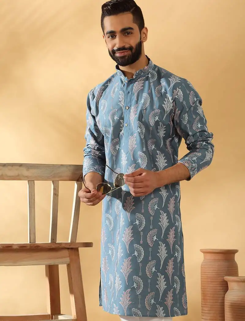 Cotton silk embroidered floral work blue kurta