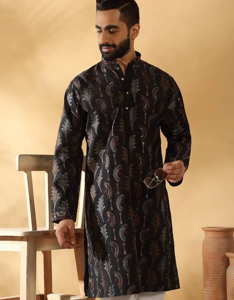 Cotton silk embroidered floral work black kurta