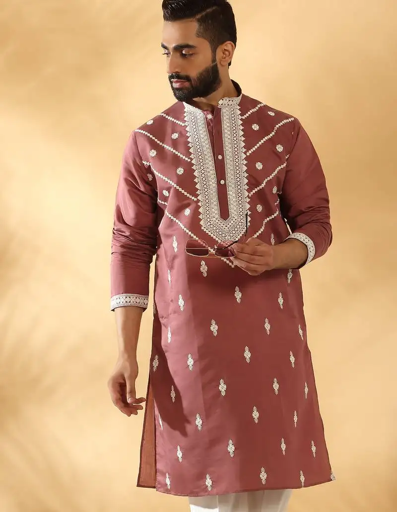 Cotton silk beads work yoke design embroidered sequin mauve kurta