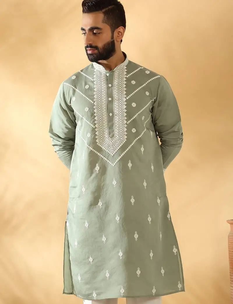 Cotton silk beads work yoke design embroidered sequin green kurta