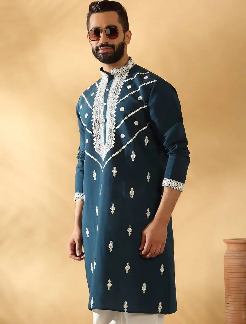 Cotton silk beads work yoke design embroidered sequin blue kurta