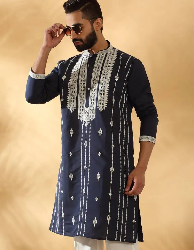 Cotton silk beads work zari embroidered sequin navy blue kurta