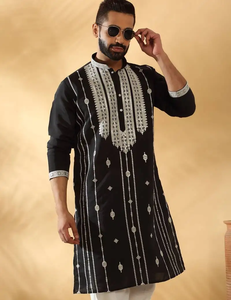 Cotton silk beads work zari embroidered sequin black kurta