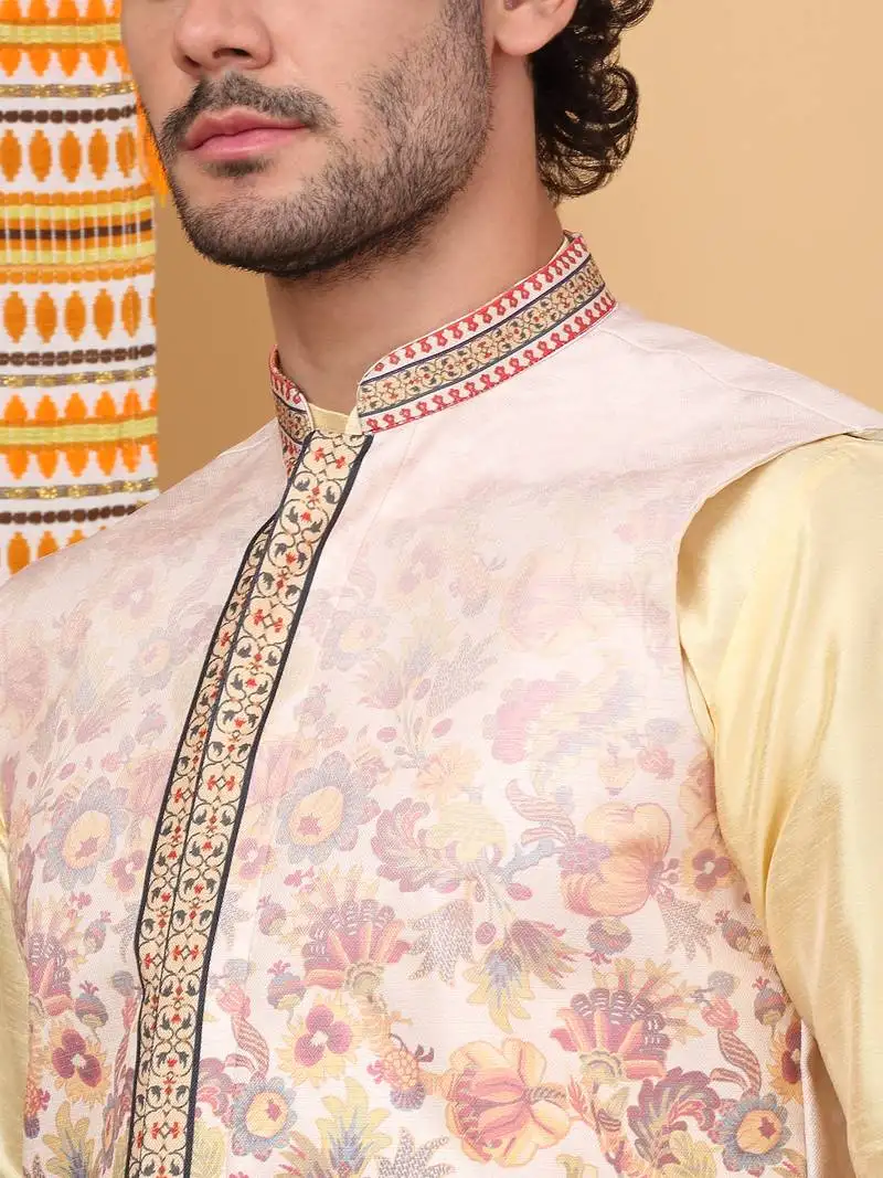 Men silk blend beige floral printed nehru jacket