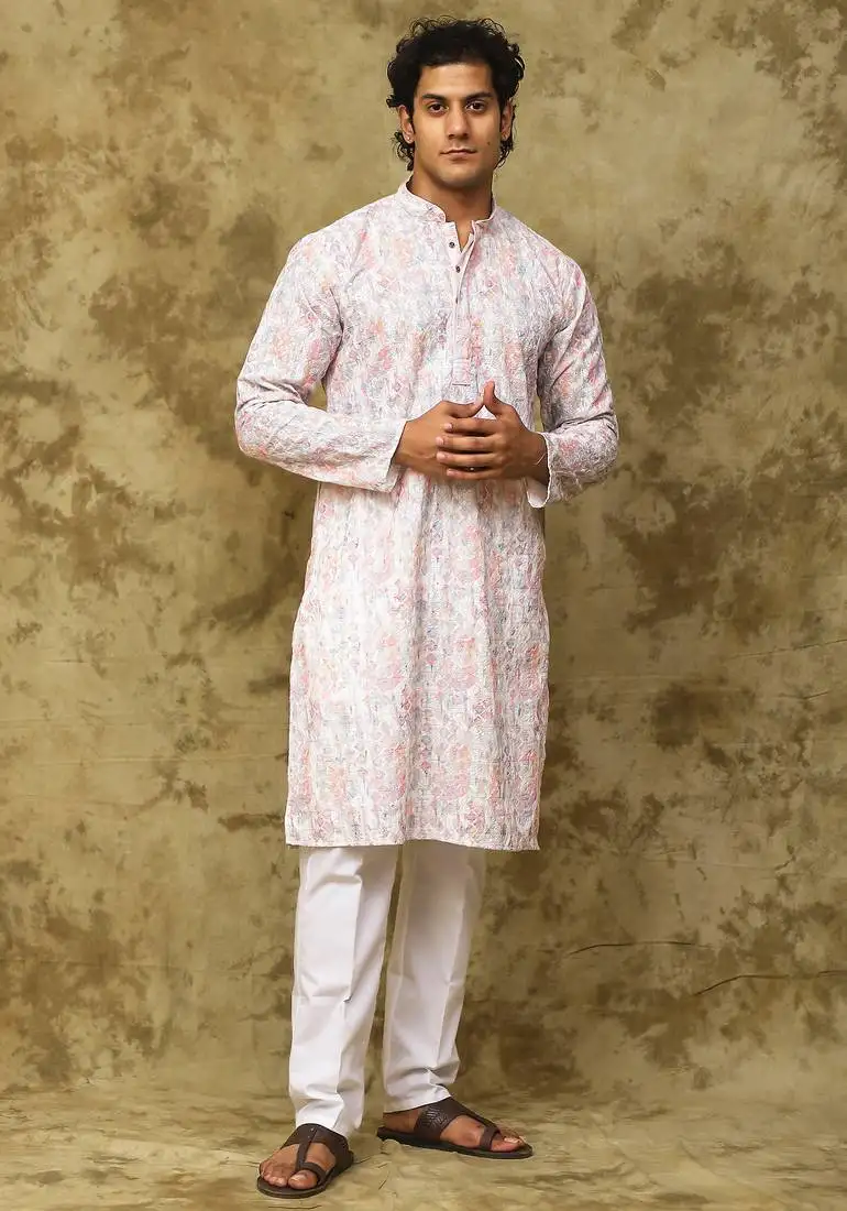 White & pink pink chikankari embroidered kurta set for men
