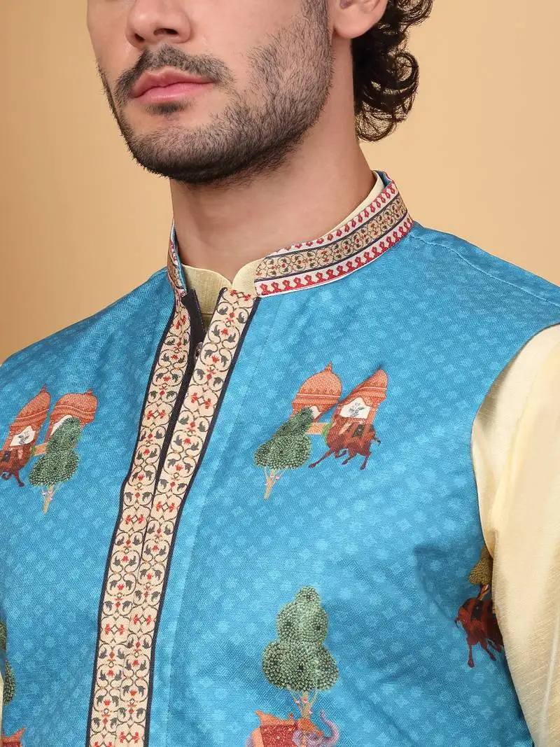Men silk blend blue floral printed nehru jacket