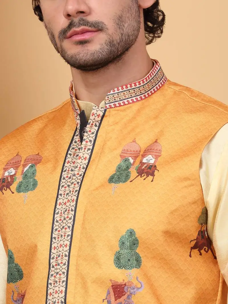 Men silk blend yellow floral printed nehru jacket