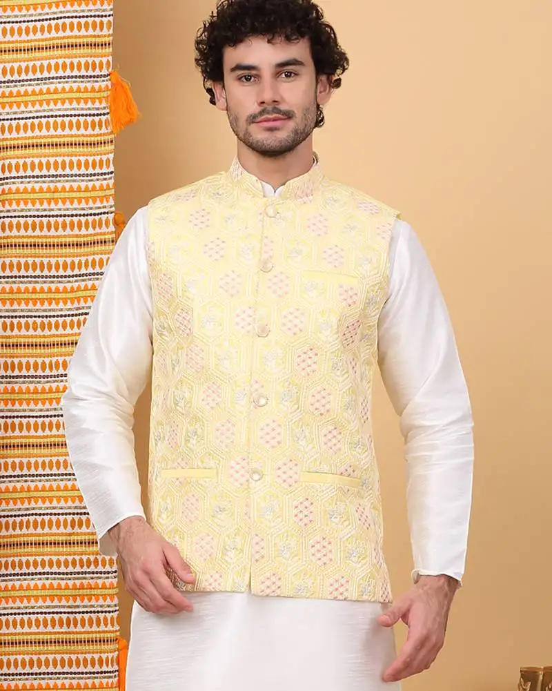 Men silk blend lime yellow embroidered nehru jacket