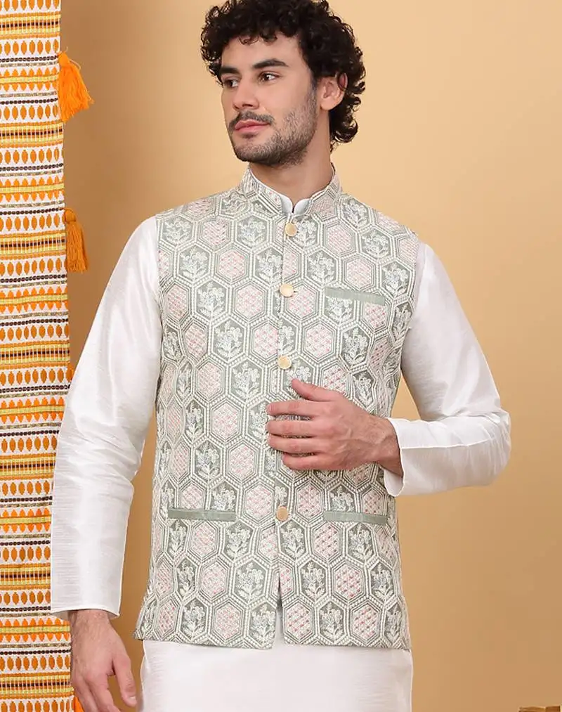 Men silk blend olive embroidered nehru jacket